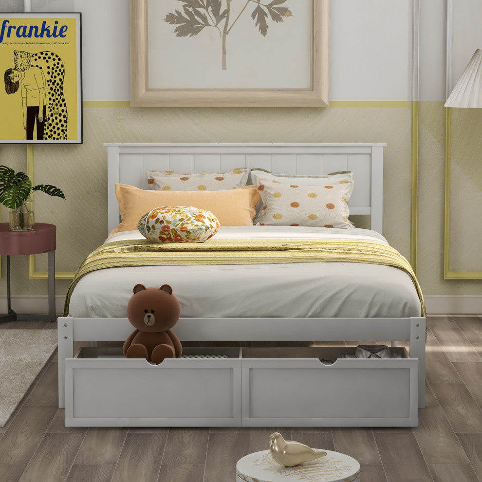 Gewnee Full Size Platform Bed with Under-bed Drawers, White