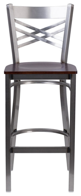 Clear Coated "X" Back Metal Restaurant Barstool, Walnut Wood Seat