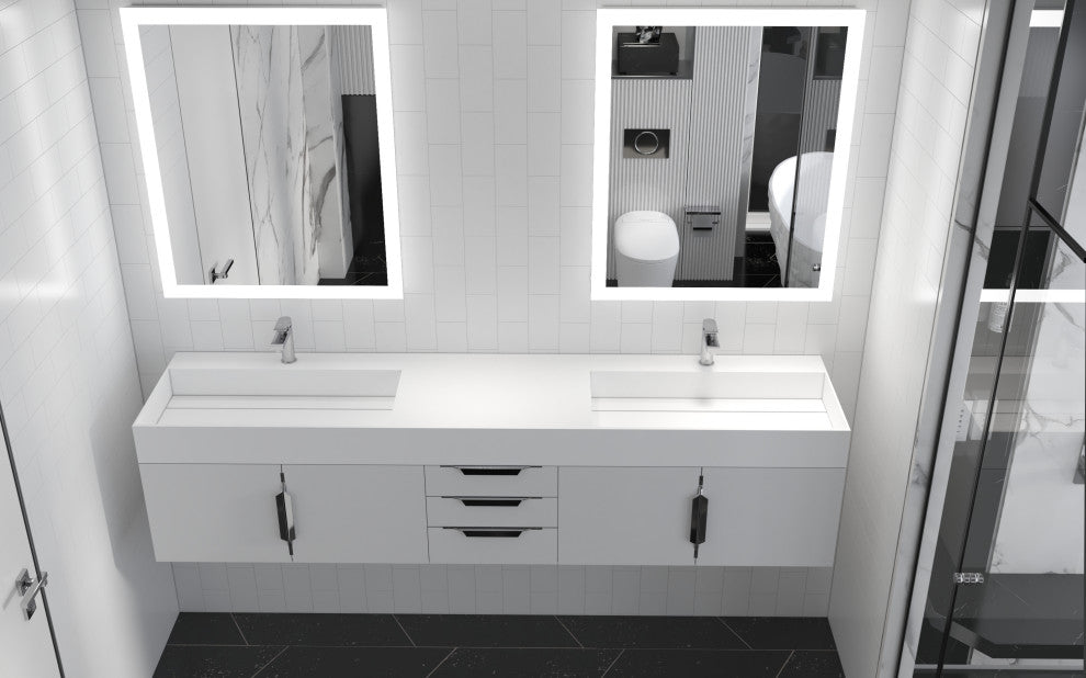 CastelloUSA Amazon 84" Wall Mounted Bathroom Vanity Set, White, White Top, Chrome Handles