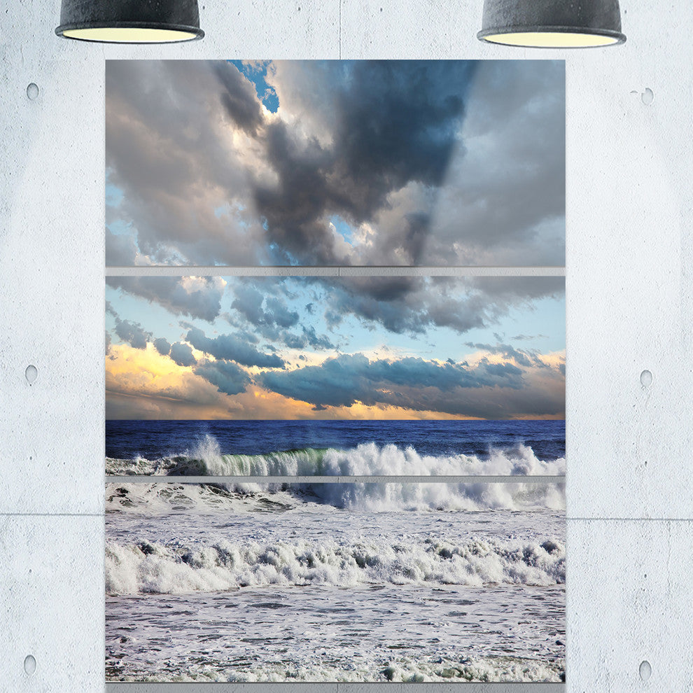 "Heavy Storm in Ocean at Sunset" Beach Metal Wall Art, 3 Panels, 28"x36"