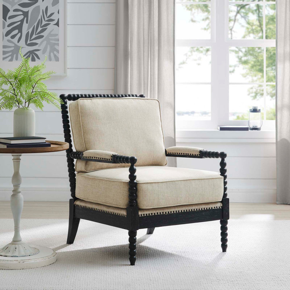 Armchair Accent Chair, Nailhead, Beige Black, Fabric, Modern, Cafe Hospitality