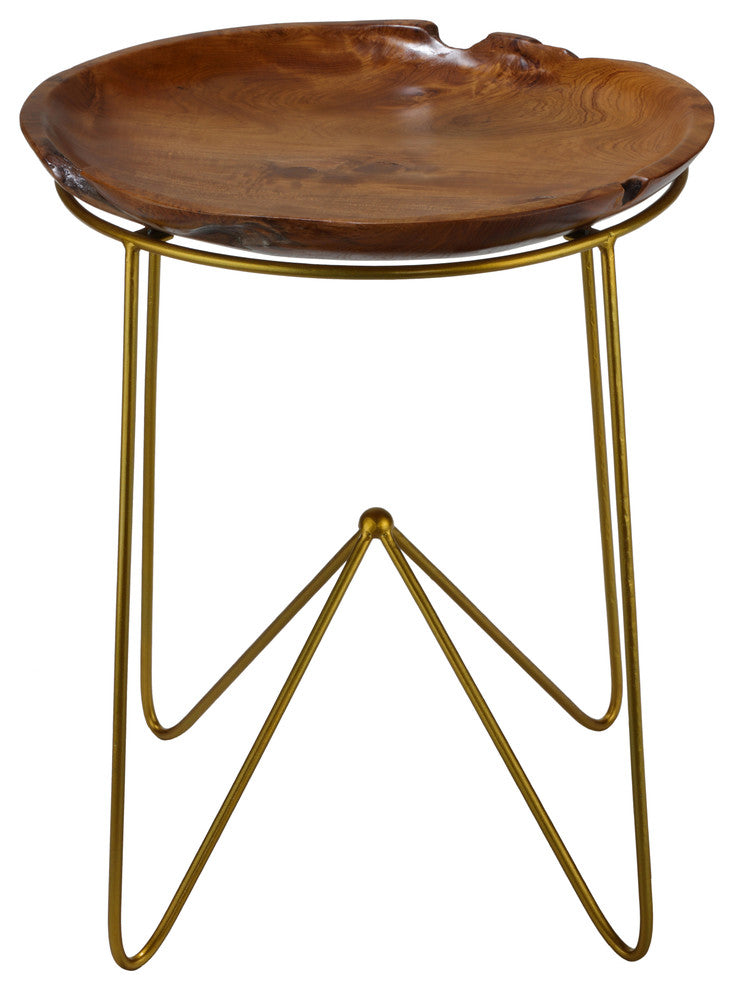 Bare Decor Paolo End Table With Teak Wood Top With Gold Finish Metal Legs