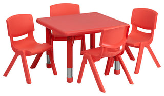 24'' Square Red Plastic Height Adjustable Activity Table Set with 4 Chairs