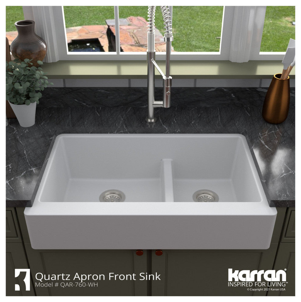 Karran Retrofit Farmhouse Quartz 34" Double Offset Bowl Sink Kit, White