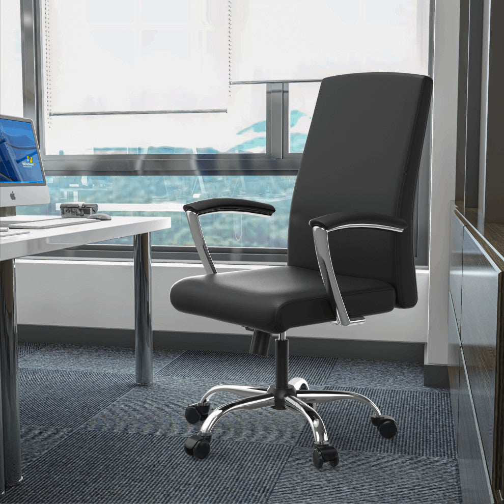 LeisureMod Evander Swivel Office Chair in Leather With Silver Frame, Black