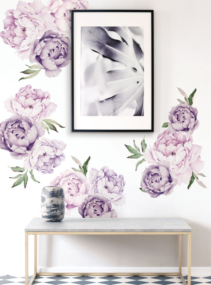 Peony Flowers Vinyl Wall Sticker, Large Set, Mixed Lavender Purple