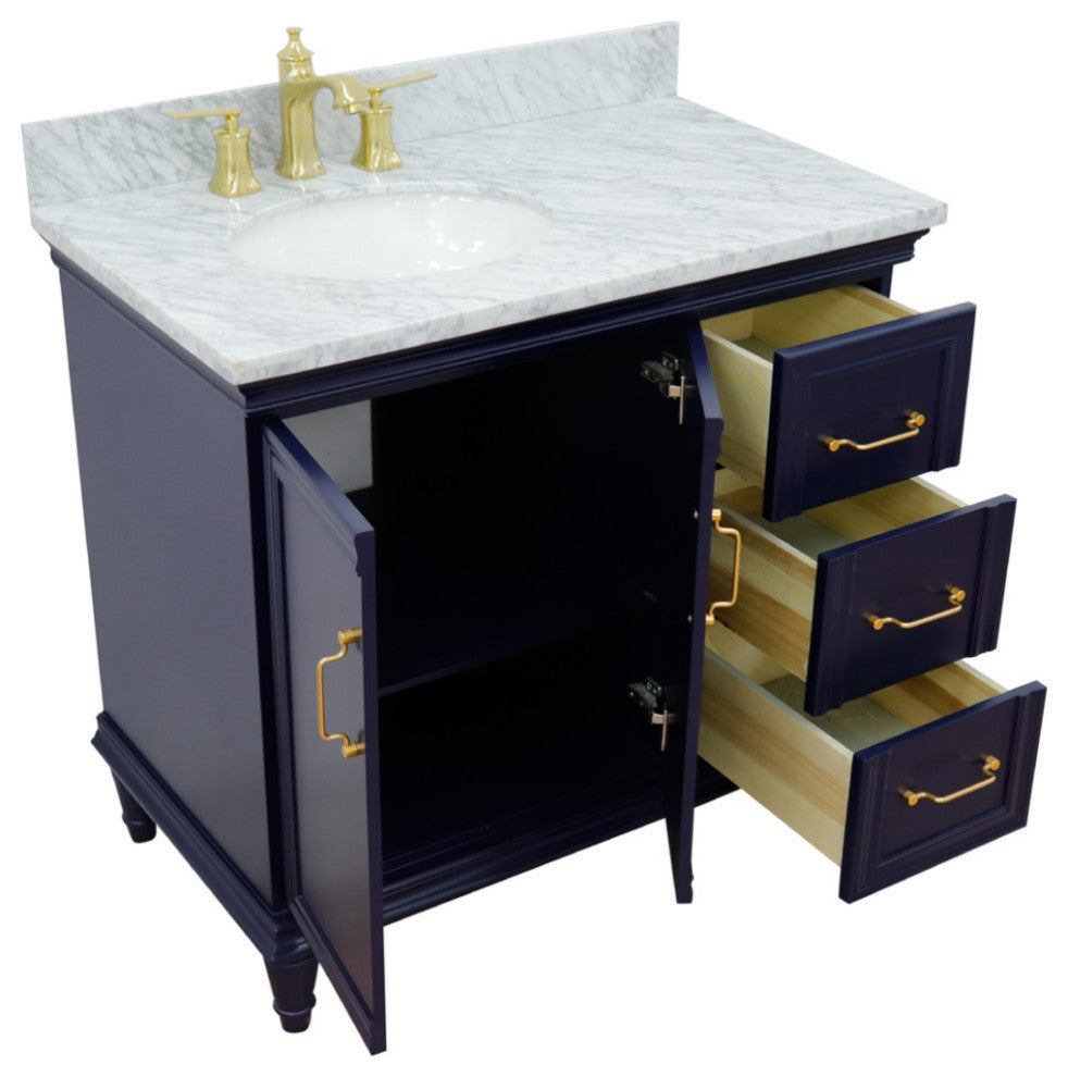 37" Single Vanity, Blue Finish With White Carrara