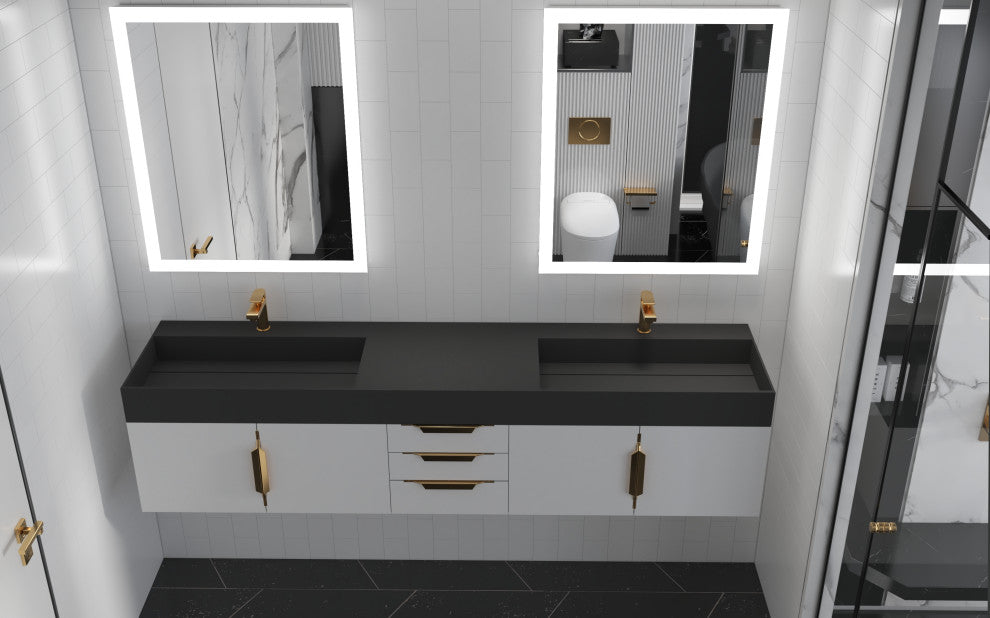 CastelloUSA Amazon 84" Wall Mounted Bathroom Vanity Set, White, Black Top, Gold Handles