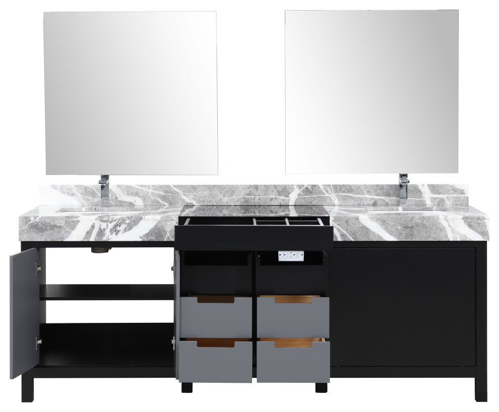 Zilara Black and Grey 84" Double Vanity Set, Monte Chrome Faucet Set