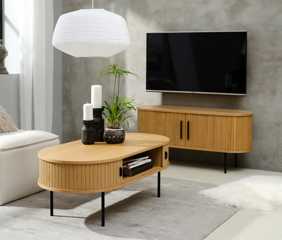 Mid-Century Modern Rounded Sliding Door TV Lowboard, Natural Oak, 47"