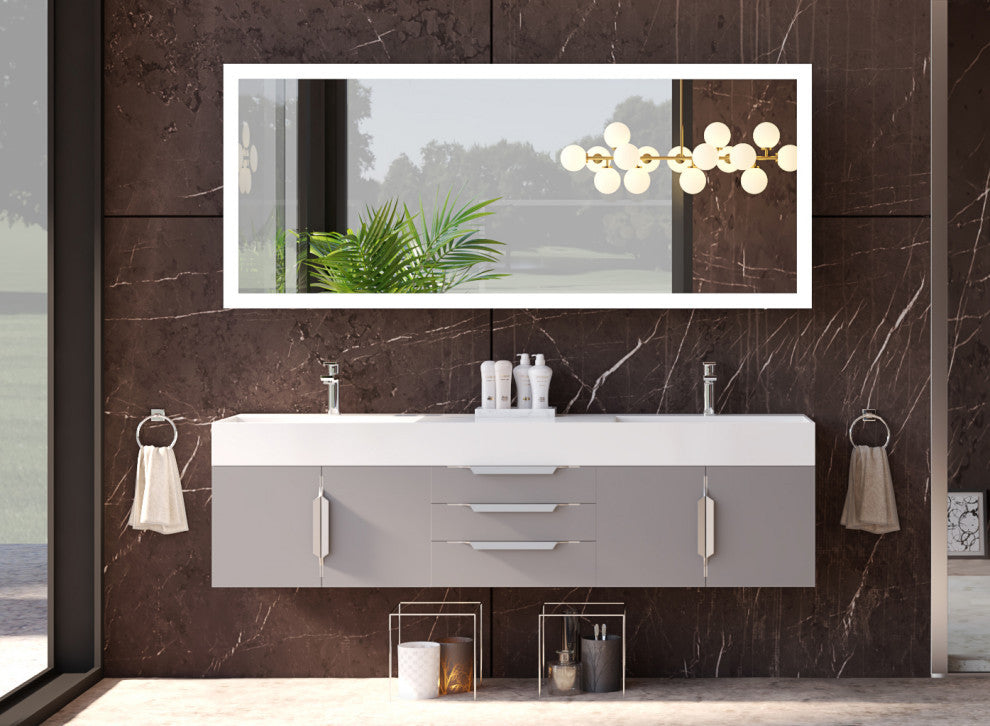CastelloUSA Amazon 72" Wall Mounted Vanity Set, Gray, White Top, Brushed Nickel