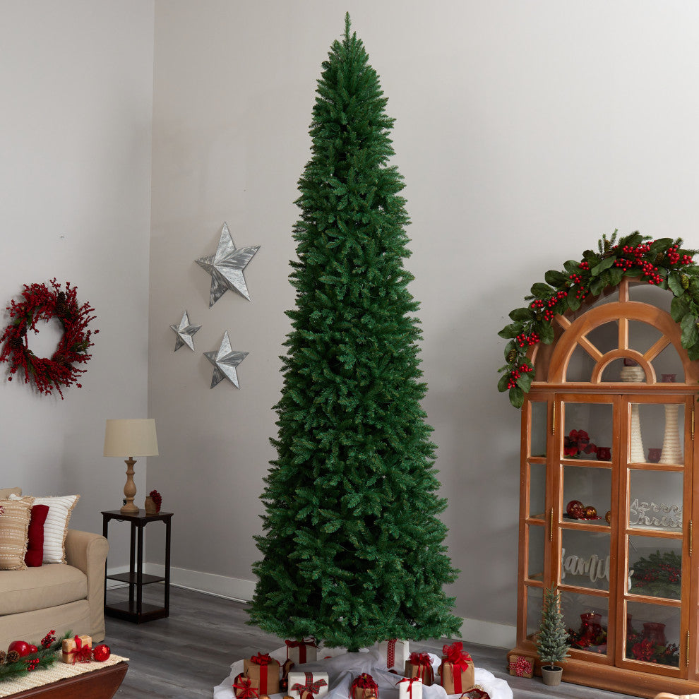 12' Slim Green Mountain Pine Christmas Tree, 1100 Clear LED Lights, 3235 Tips
