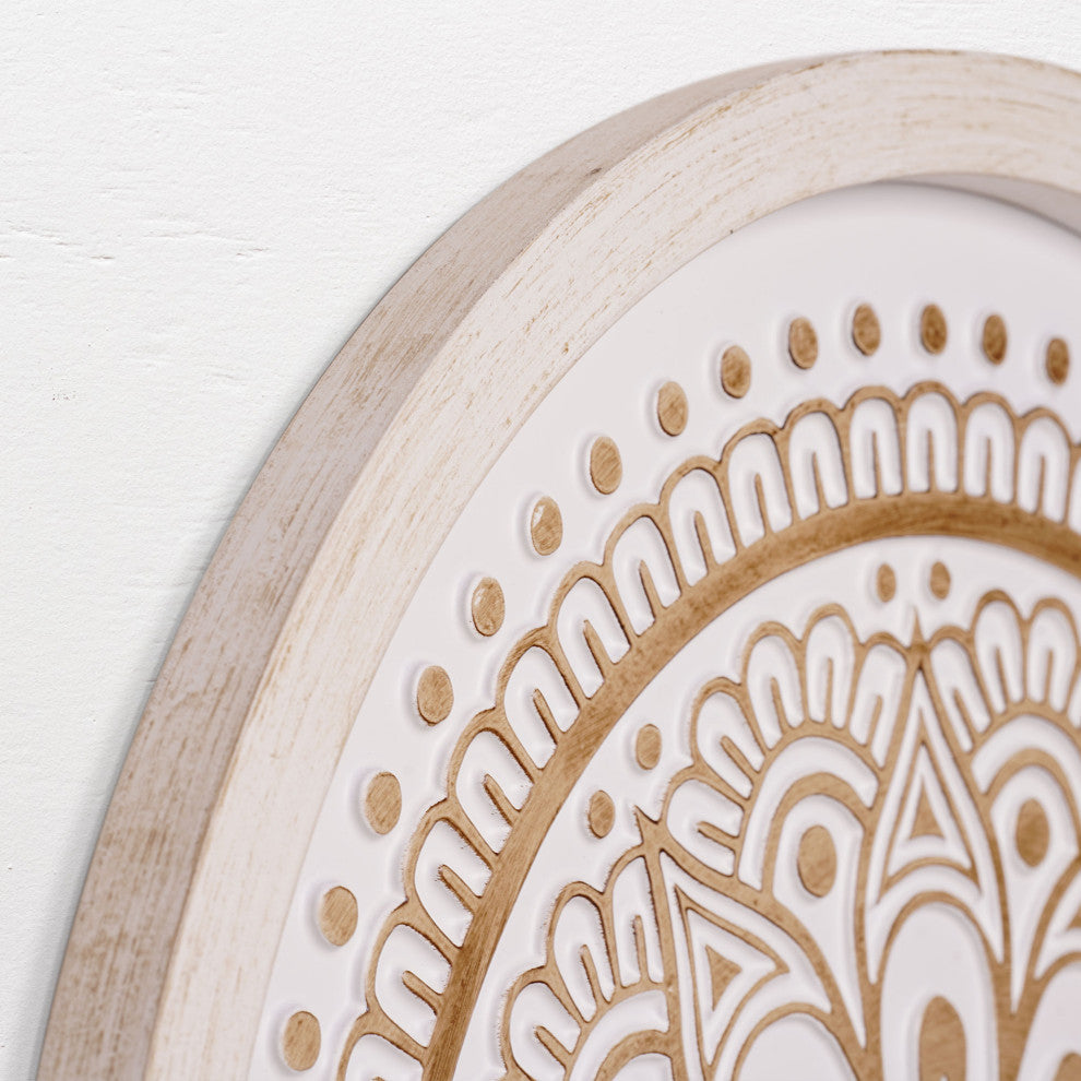 American Art Decor Boho Rustic Farmhouse Wood Framed Wall Medallion White, Brown