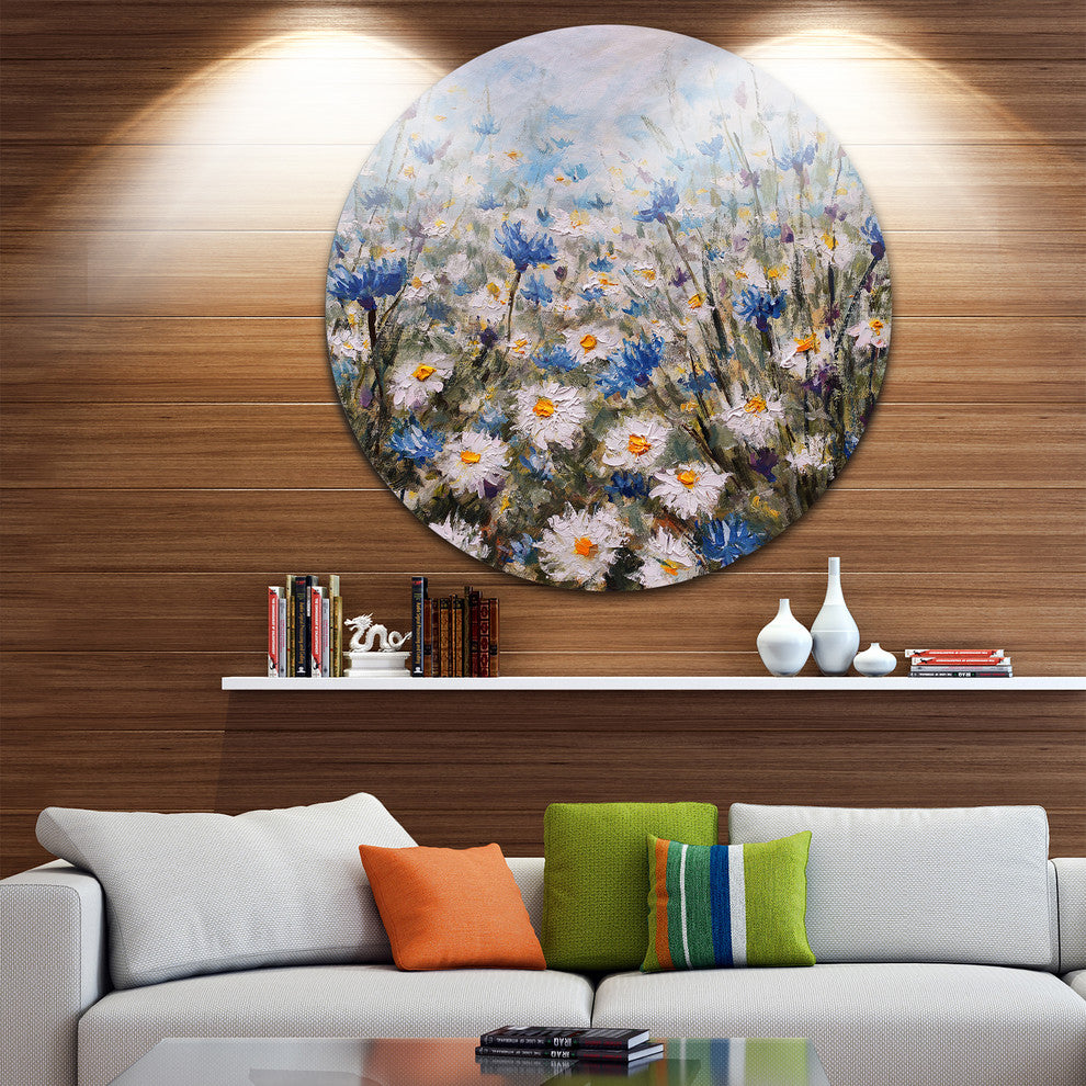 Glade Of Cornflowers And Daisies, Floral Round Wall Art, 36"