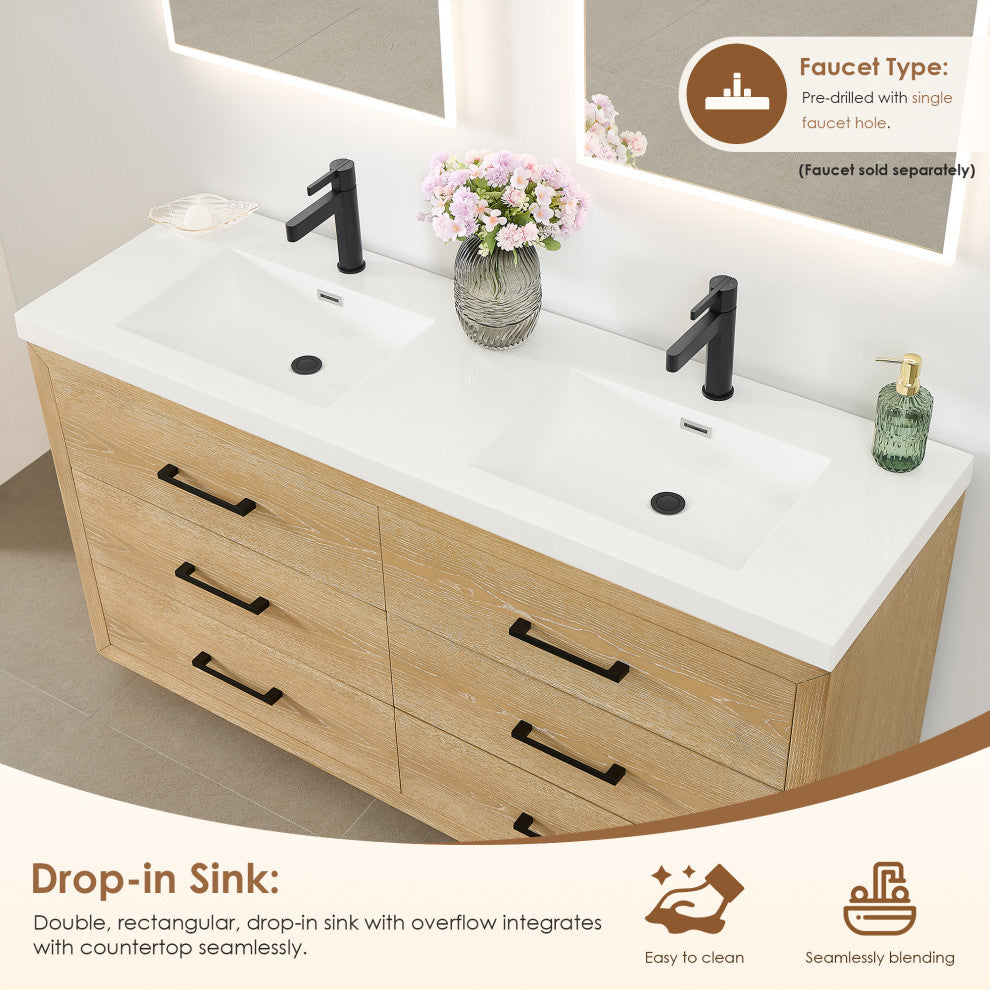 Sigrid Bathroom Vanity, White Oak, 60", No Mirror