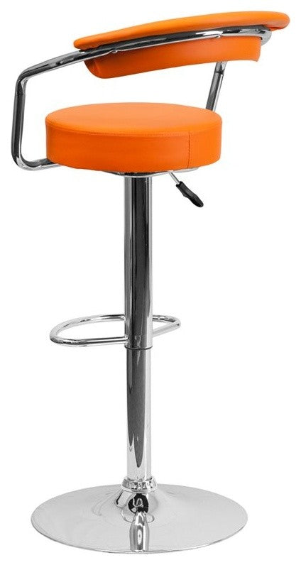Estella Low-Back Orange Vinyl Swivel Adjustable Barstool With Arms