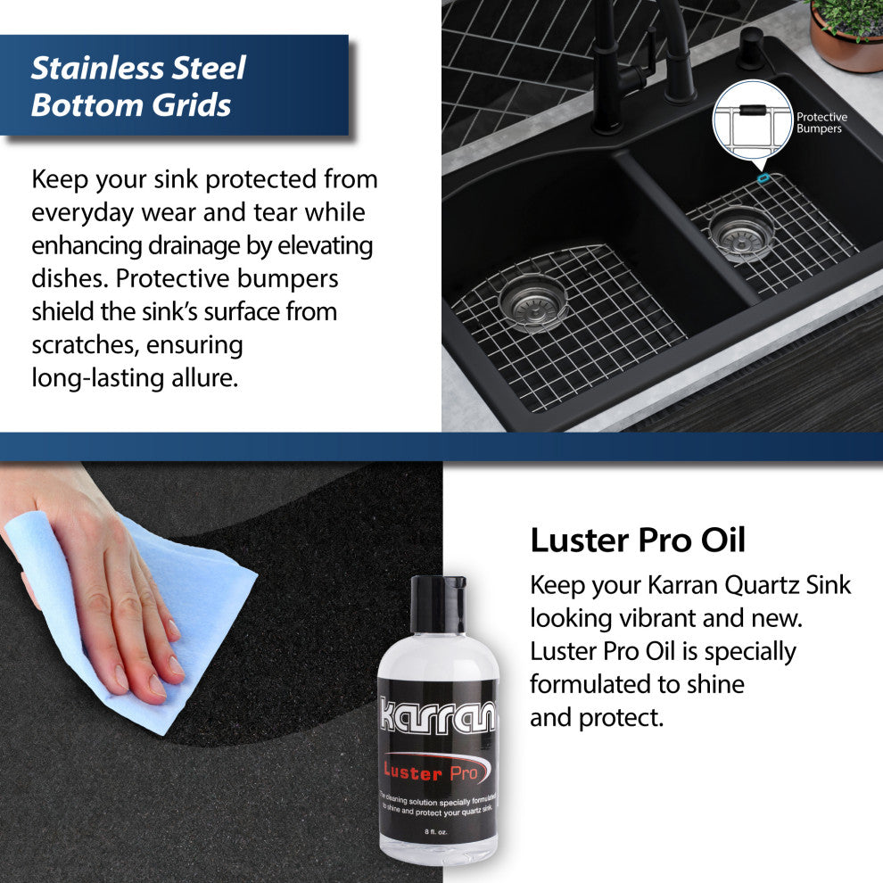 Karran Drop-In Quartz 33" 1-Hole 60/40 Double Bowl Sink Kit, Black