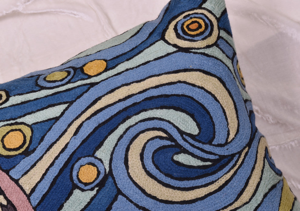 Blue Starry Night Decorative Pillow Cover Van Gogh Hand Embroidered Wool 18x18