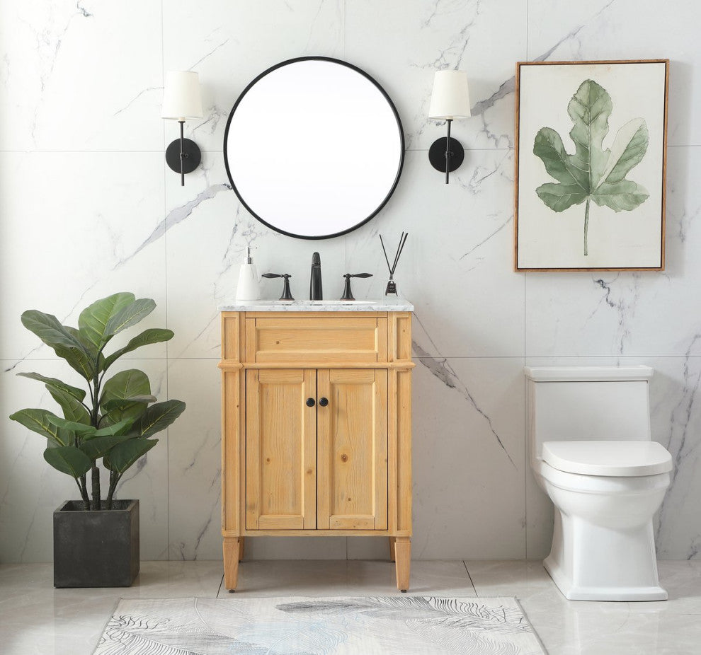 Home Living Vanity with Carrara White Marble Countertop, Natural Wood, 24", Single Sink