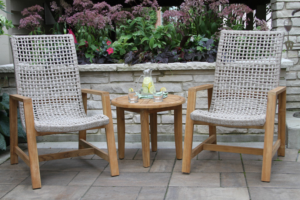 3-Piece Nautical Rope and Teak Lounger Set With Matching Accent Table