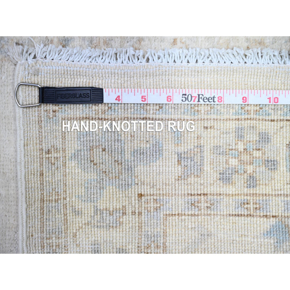 Ivory, White Wash Peshawar Extra Soft Wool Hand Knotted Runner Rug, 2'4"x11'7"