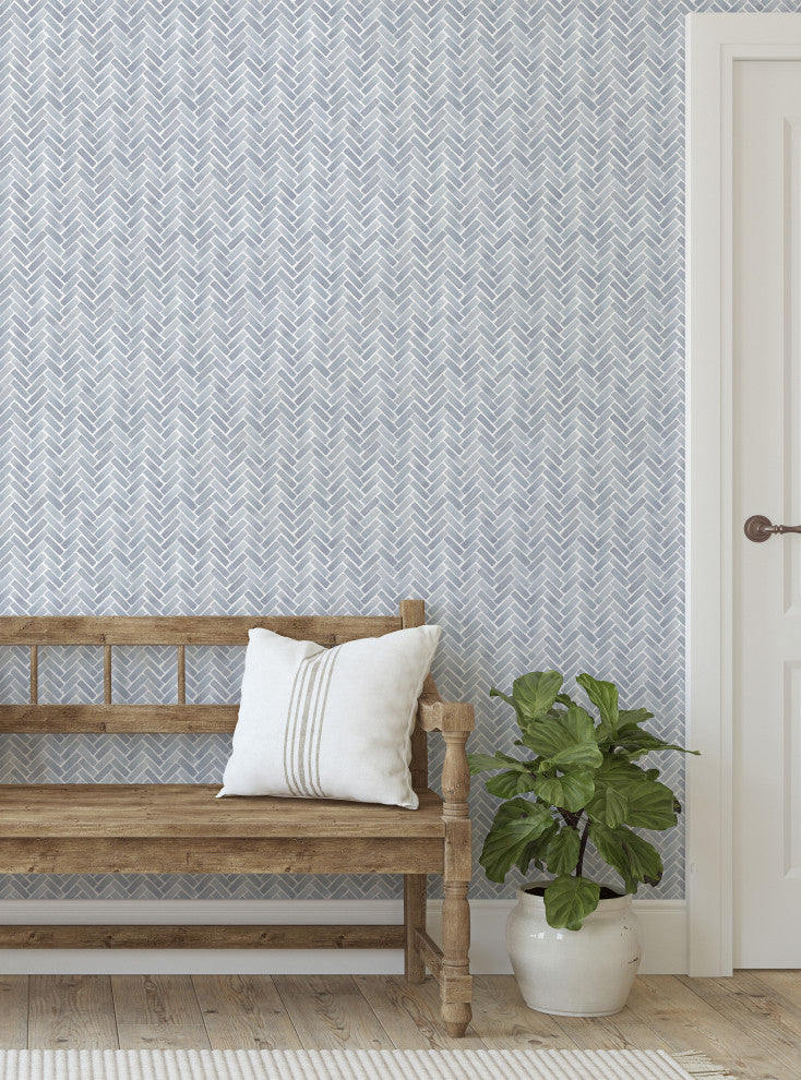 Watercolor Herringbone Peel and Stick Vinyl Wallpaper, Van Deusen Blue, 24"w X 108"h