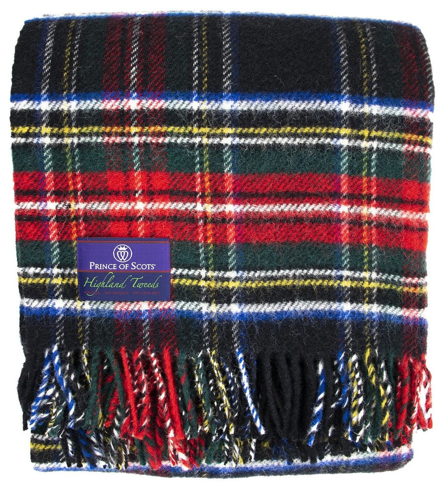 Prince of Scots Highland Tweed Pure New Wool Fluffy Throw, Black Stewart