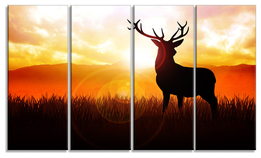 Deer on Meadow During Sunrise, Animal Canvas Art Print, 48"x28", 4 Panels