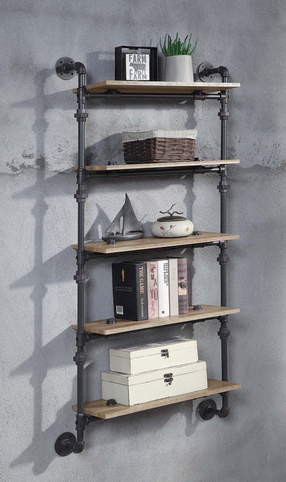 5 Tier Oak Wood Floating Shelf With Metal Tube, Sandy Black