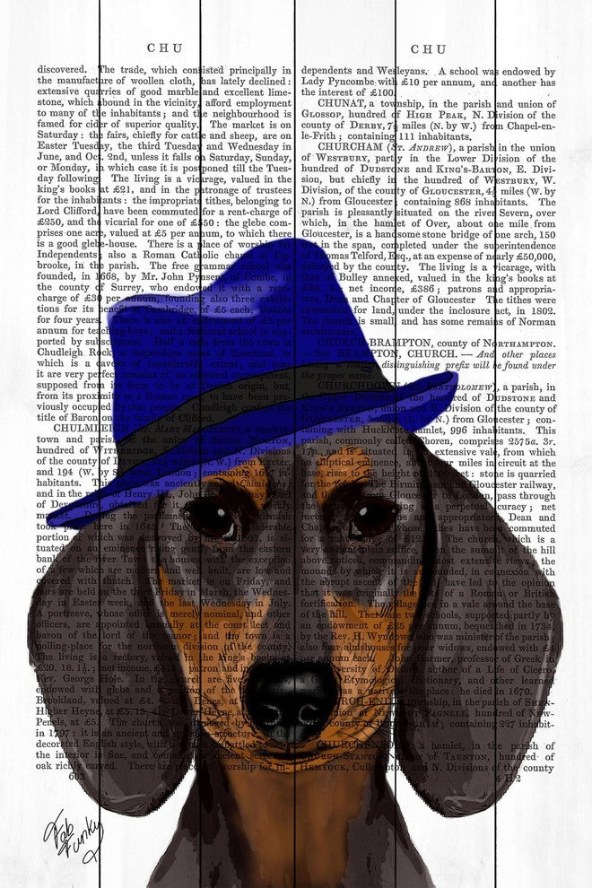 "Dachshund with Blue Trilby" Painting Print on White Wood, 40"x60"