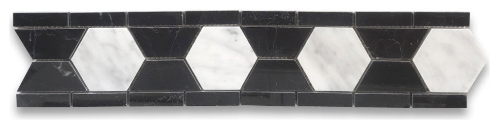 Carrera White Marble 3" Hexagon Mosaic Border Listello Tile Polished, 1 sheet