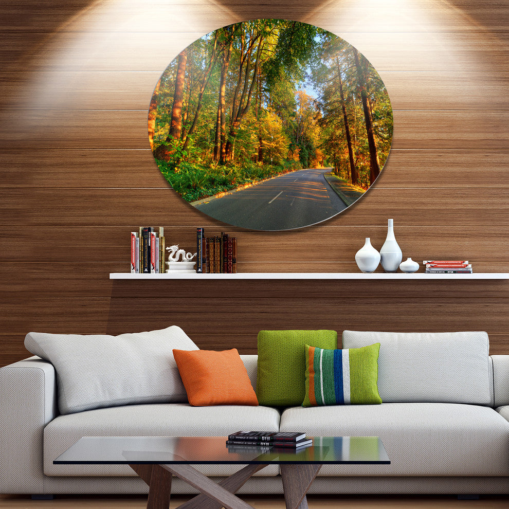 Road Through Yellow Forest, Landscape Art Round Wall Art, 23"