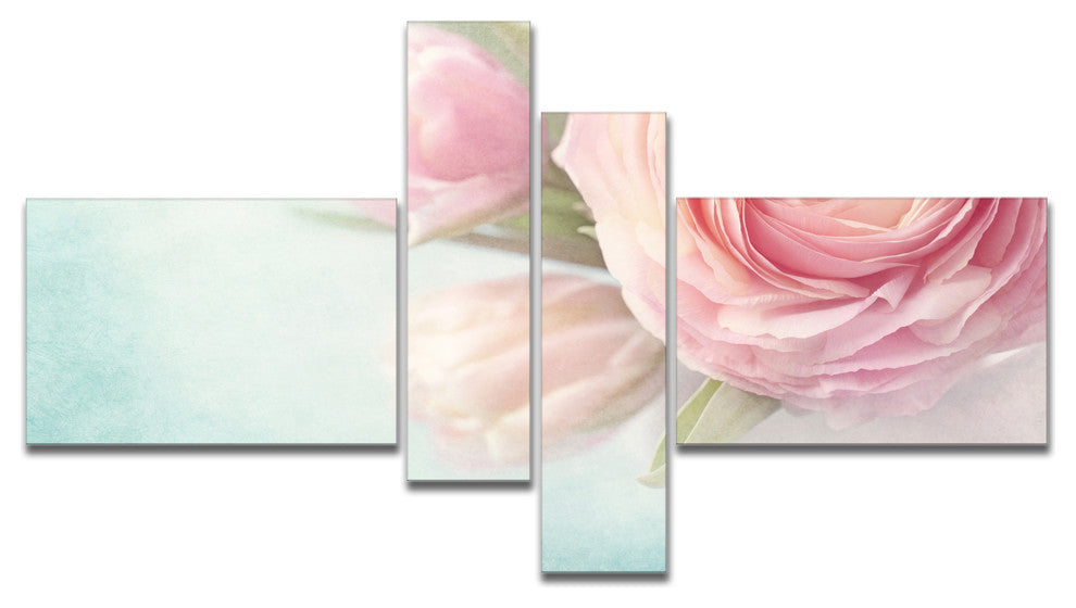 Pink Flowers against Blue Background, Floral Canvas Art Print, 60"x32", 4 panels