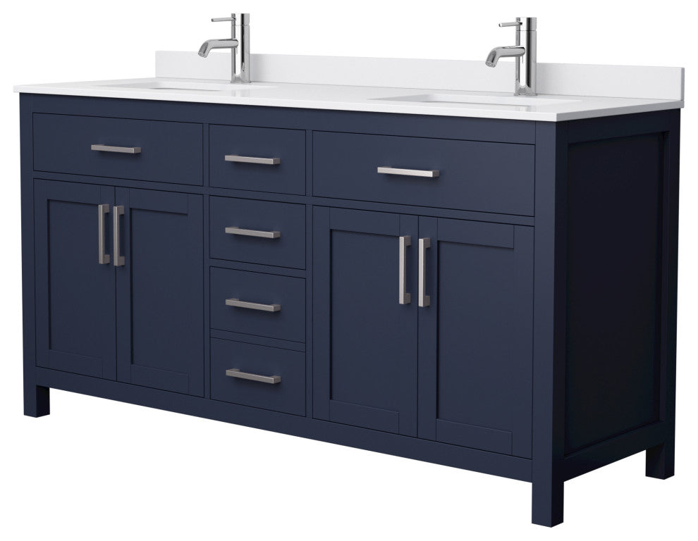 66"DBL Vanity Dark Blue, White Cult. Marble Countertop, Sinks, Nickel Trim