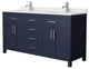 66"DBL Vanity Dark Blue, White Cult. Marble Countertop, Sinks, Nickel Trim