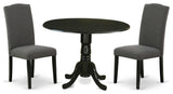 3Pc 42" Dining Table, Two 9"Drop Leaves, Two Chair, Black Leg, Dark Gotham Grey