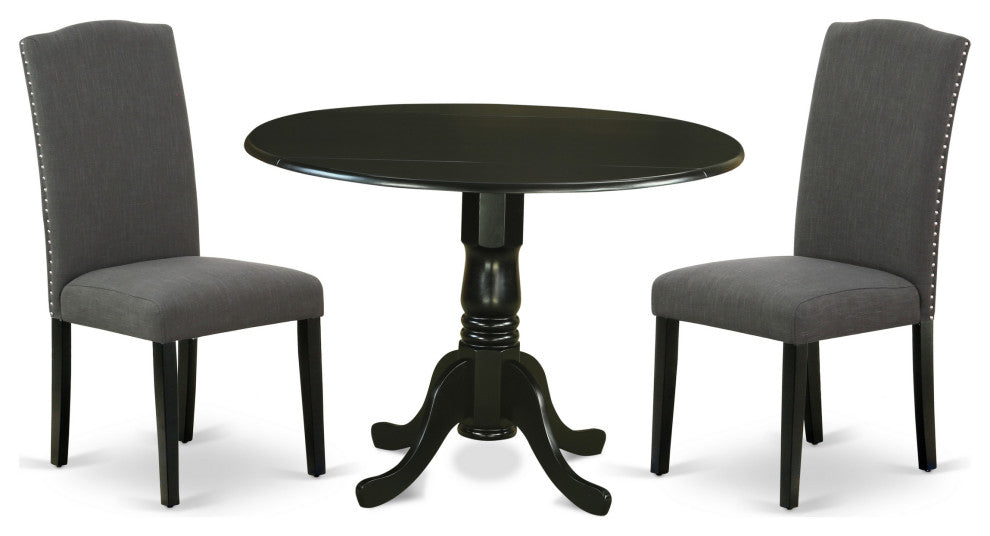 3Pc 42" Dining Table, Two 9"Drop Leaves, Two Chair, Black Leg, Dark Gotham Grey