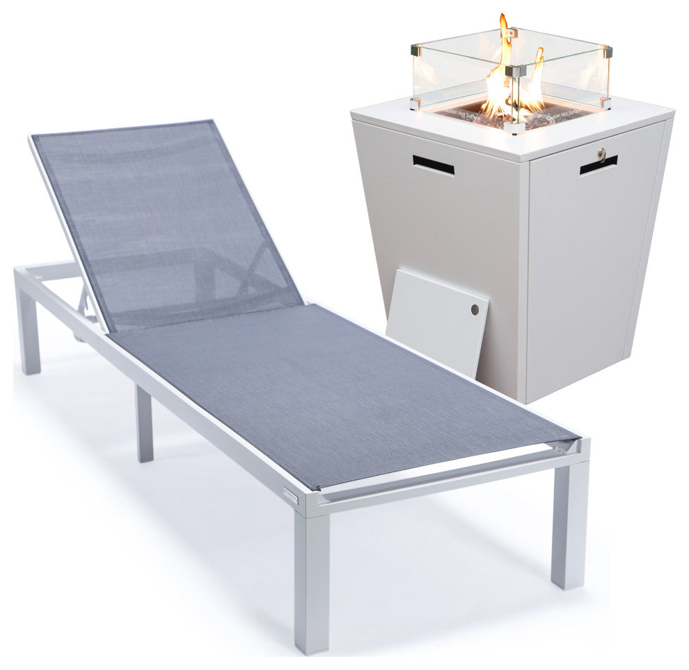 LeisureMod Marlin White Patio Chaise Lounge Chair with Fire Pit Table, Dark Gray