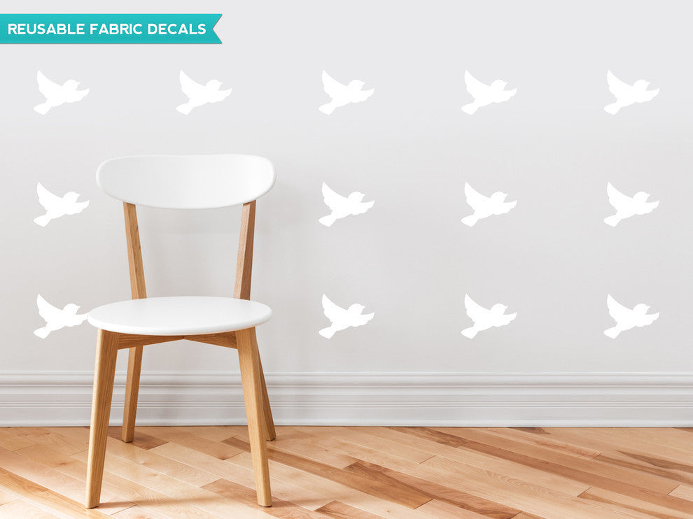 Birds Fabric Wall Decals, Set of 16 Birds, White