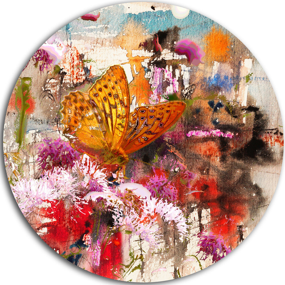Butterfly Drinking Honey, Floral Round Metal Wall Art, 11"