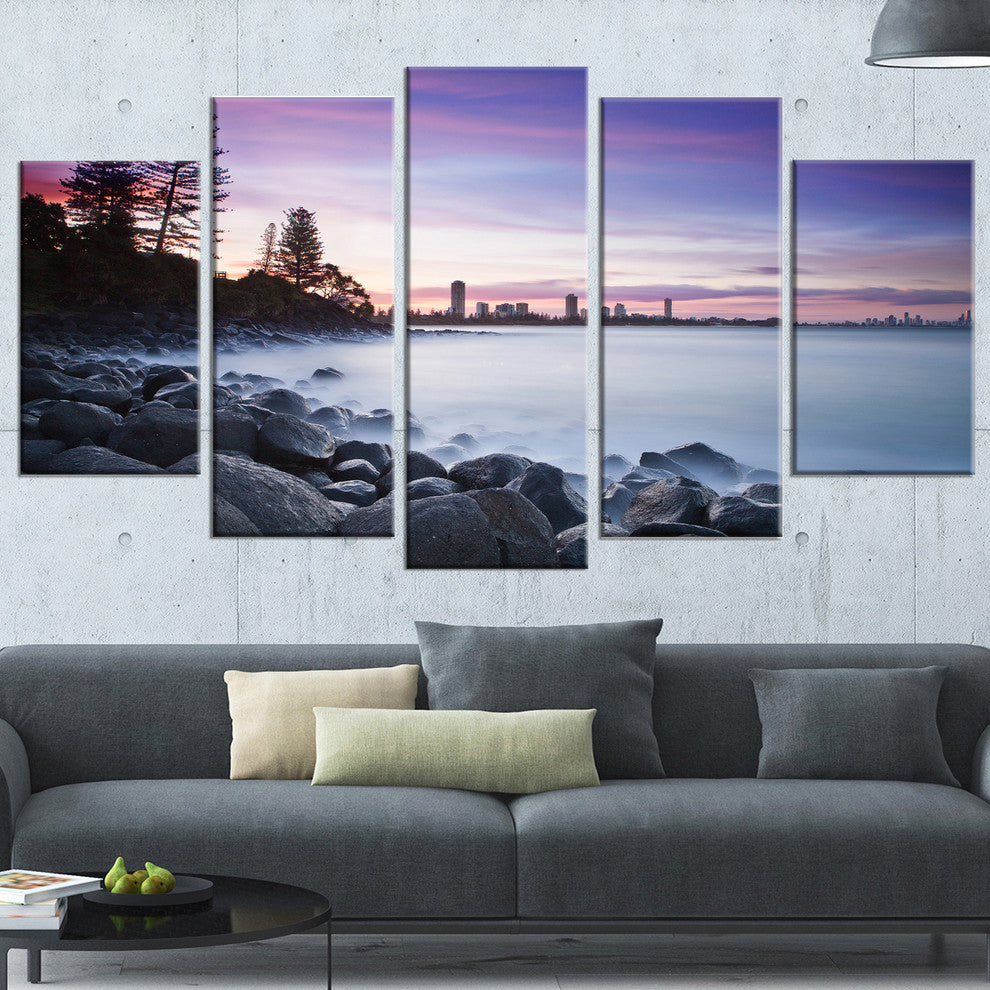 "Rocky Burleigh Point in Blue" Seascape Art Canvas, 5 Panels, 60"x32"