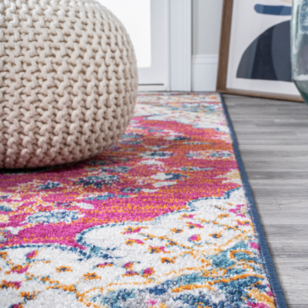 Bohemian FLAIR Boho Vintage Medallion Area Rug, Fuchsia/Ivory, 2 X 8