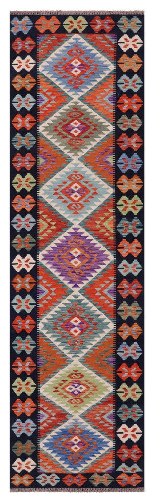 2' 8" X 10' 2" Wool On Wool Reversible Kilim Flat Weave Runner Rug Q9461