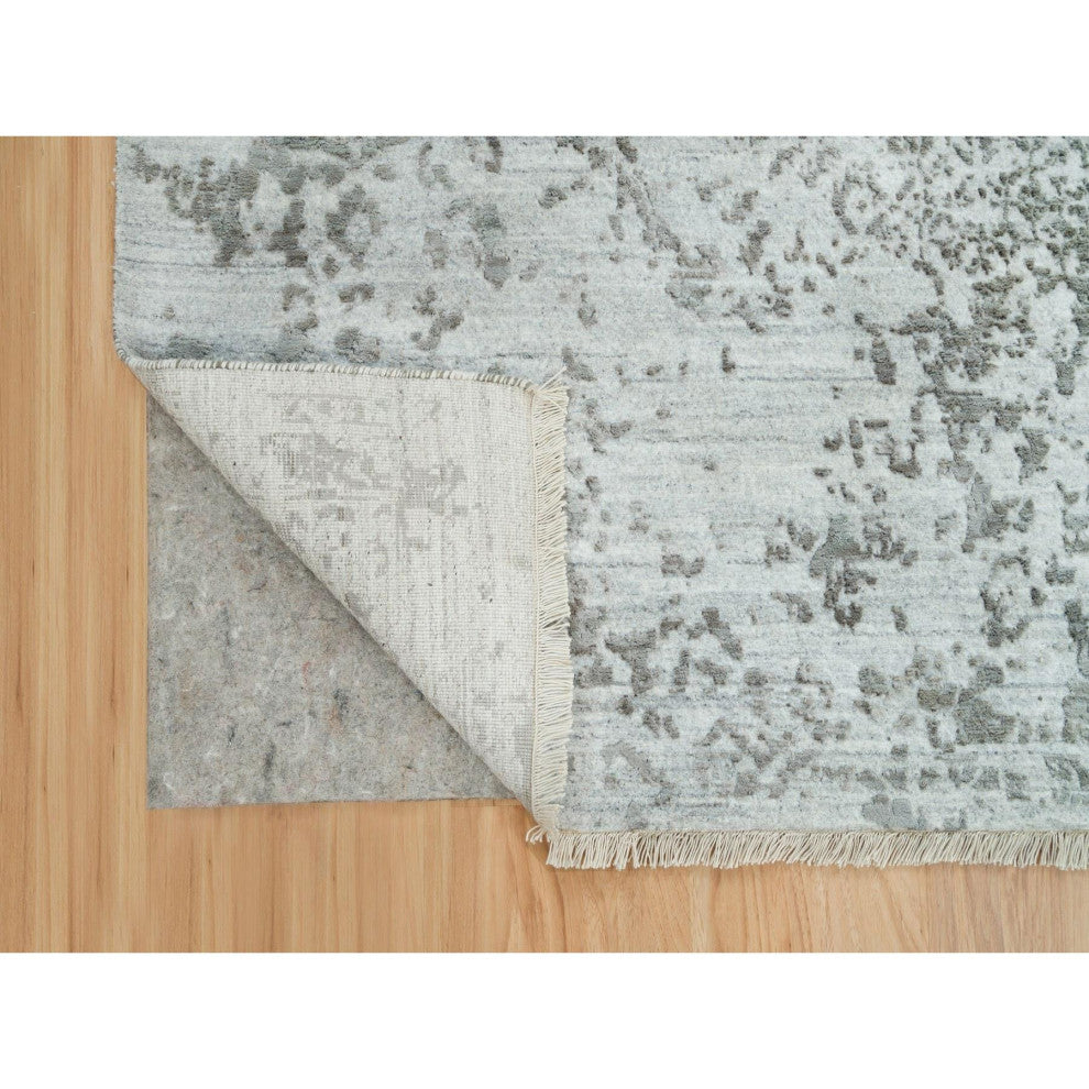 Chrome Gray Zoroastrian Hand Knotted Wool and Silk Oriental Rug, 8'x10'2"