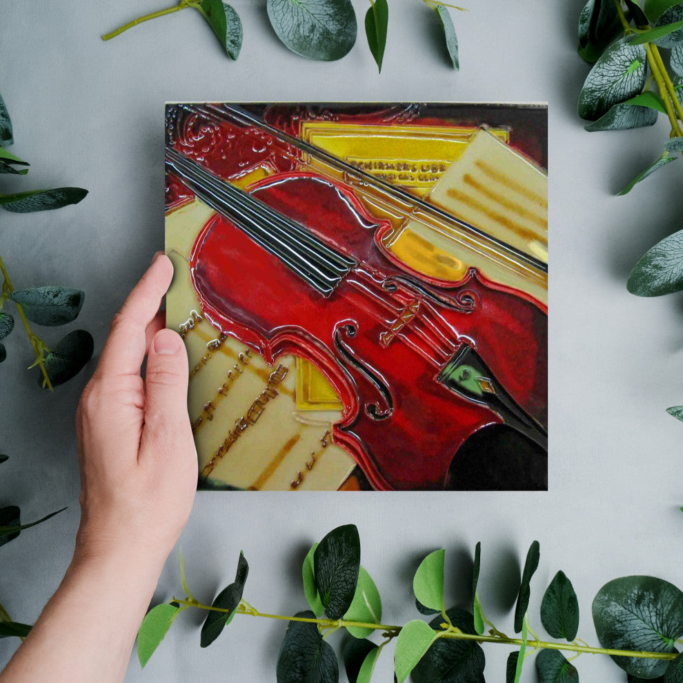 8x8" Violin Ceramic Art Tile Hand Painted Trivet Hot Plate