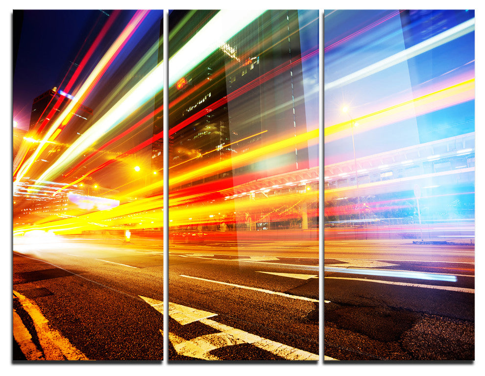 "Car Light Trails in Hong Kong" Photo Metal Wall Art, 3 Panels, 36"x28"