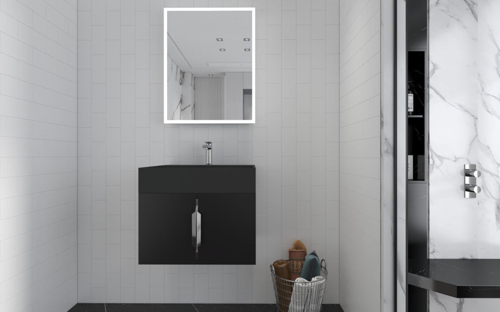 CastelloUSA Amazon 24" Wall Mounted Bathroom Vanity Set, Black, Black Top, Chrome Handles