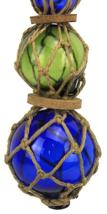 Blue, Green, Blue Japanese Glass Ball Fishing Floats with Brown Netting Decor