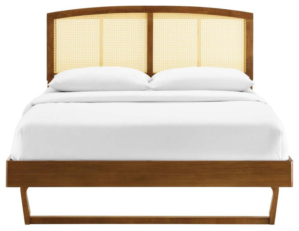 Sierra Cane and Wood Full Platform Bed With Angular Legs Walnut