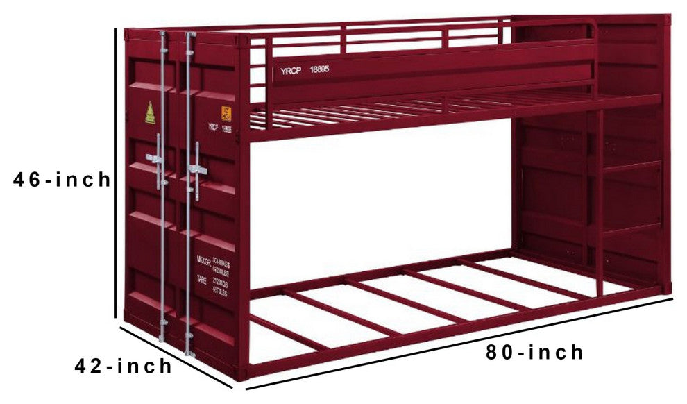 Benzara BM261753 Twin Over Twin Bunk Bed With Metal Frame and Cargo Theme, Red